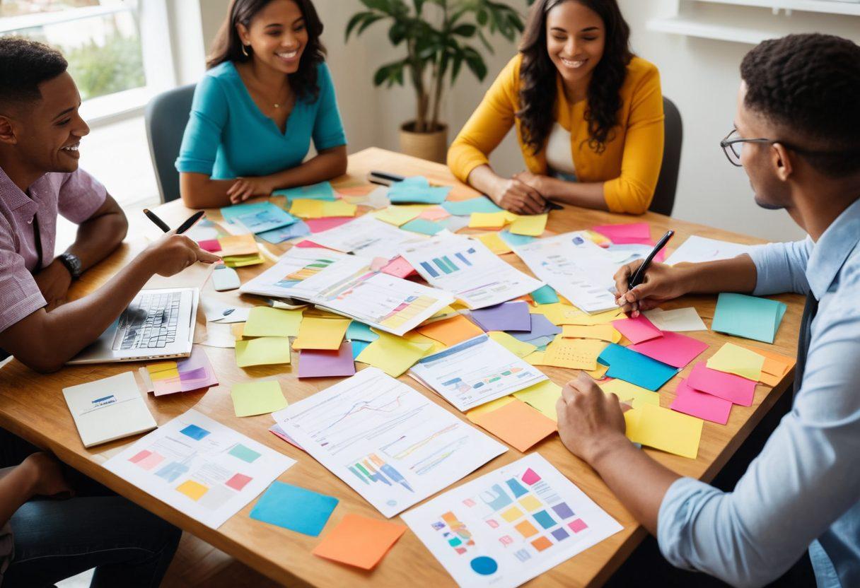 A diverse group of enthusiastic young adults engaging in a collaborative discussion around a table filled with insurance brochures, a laptop with budget graphs, and a bright vision board featuring future dreams. The setting is vibrant and welcoming, symbolizing empowerment and optimism towards financial planning. Include elements like colorful sticky notes, pens, and a sense of community. super-realistic. vibrant colors. warm atmosphere.