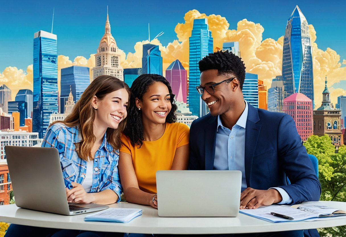 A young American couple surrounded by diverse financial icons like shield symbols representing insurance, money bags, and a calculator, engaged in a lively discussion over a laptop. The background showcases a bright cityscape symbolizing opportunities and growth. Emphasize warmth and optimism to convey security and empowerment. vibrant colors. modern illustration.
