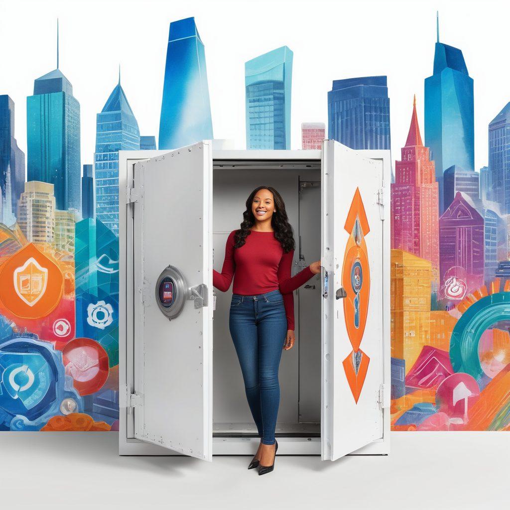 A young adult standing confidently in front of a large open safe filled with various insurance symbols like shields, health icons, and property keys, surrounded by a city skyline representing opportunity and security. The background features vibrant colors symbolizing growth and protection, while the foreground highlights the individual with a bright smile, exuding empowerment and financial savvy. super-realistic. vibrant colors. white background.